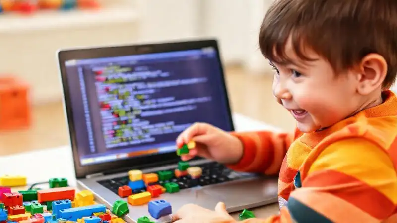 Un niño construye con LEGO digitalmente