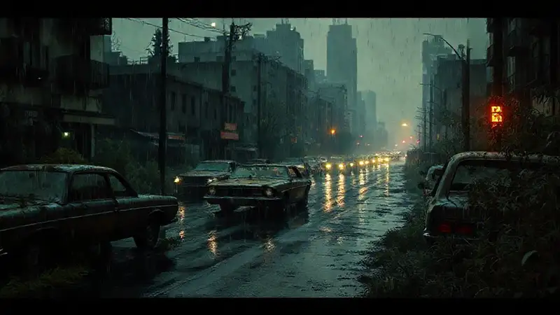 Ciudad postapocalíptica, lluvia, y un viaje triste