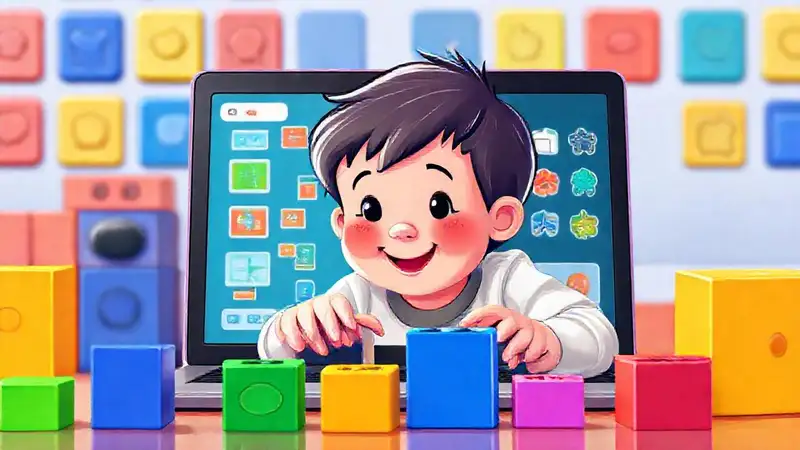 Niño aprende jugando con bloques digitales