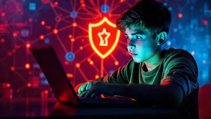 Jóven, tecnología, conexión segura y protegida