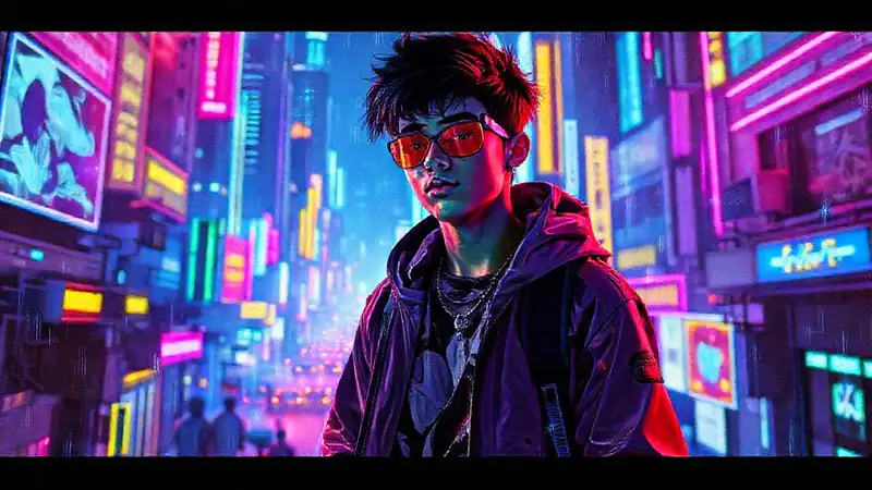 Un adolescente cibernético en una ciudad futurista