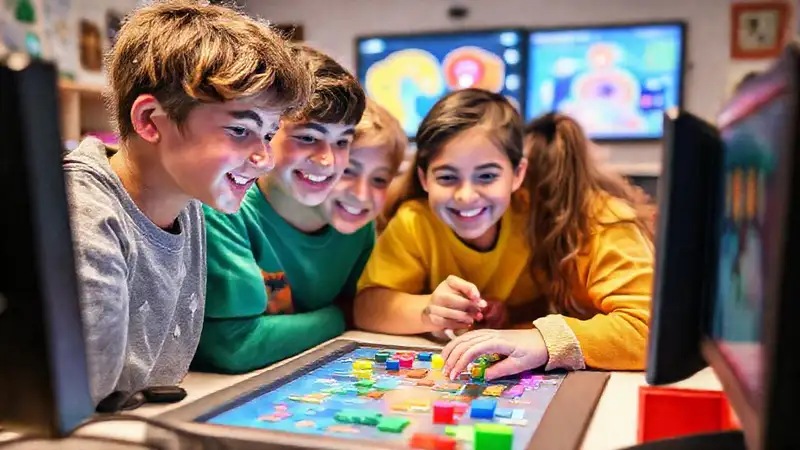 Adolescentes crean juegos con bloques coloridos