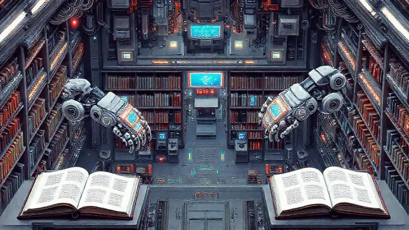 Una biblioteca futurista, digital y vibrante