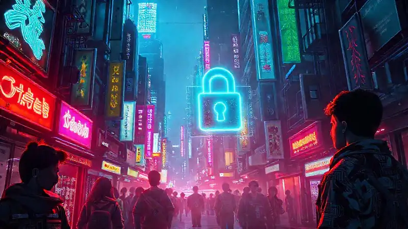 Ciudad cyberpunk vibrante y segura digitalmente