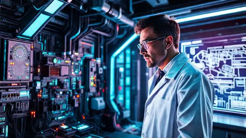 Un científico observa un laboratorio futurista