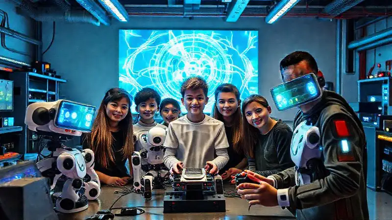 Un equipo juvenil controla robots futuristas