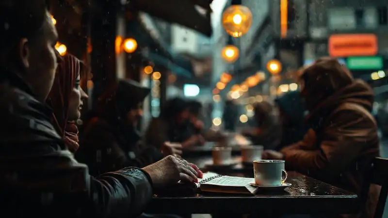 Un café melancólico, luz cálida, reflejos borrosos