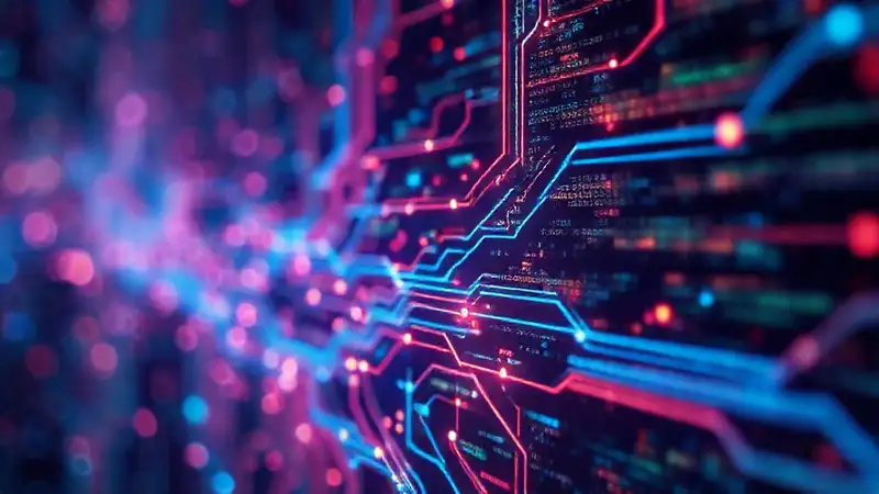 Un circuito digital futurista brilla intensamente