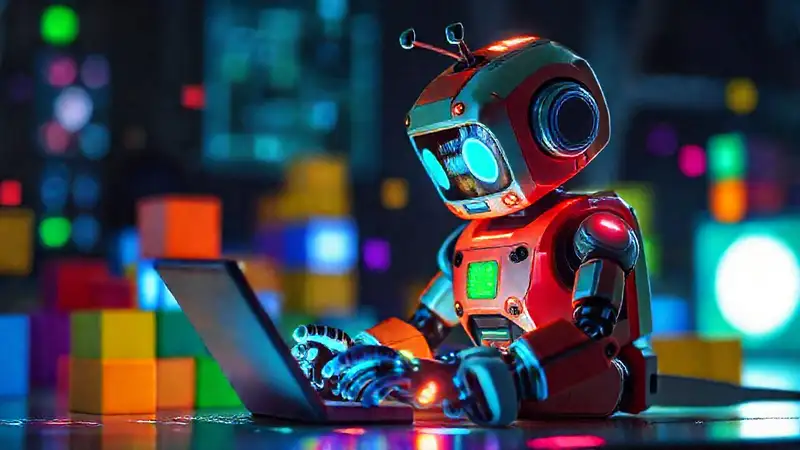 Un niño programa un robot creativo