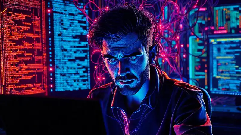 Programador estresado en caos digital