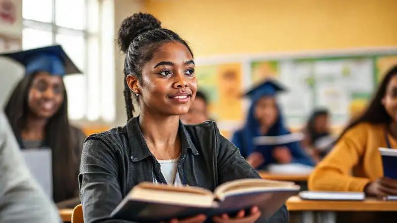 Una joven aprende y triunfa en clase