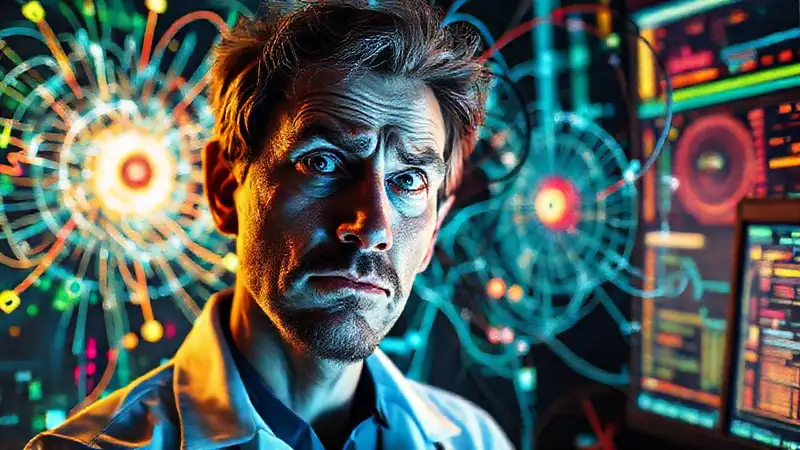 Científico observa simulaciones complejas digitales