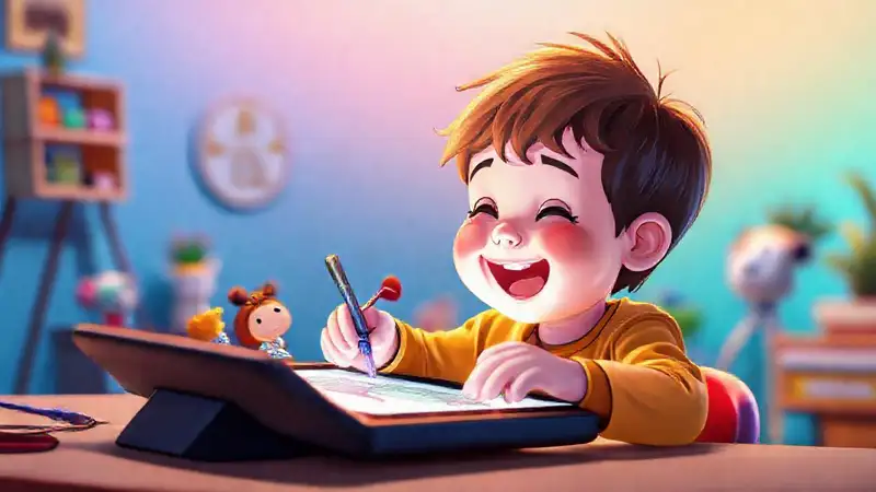 Un niño dibuja arte digital alegremente
