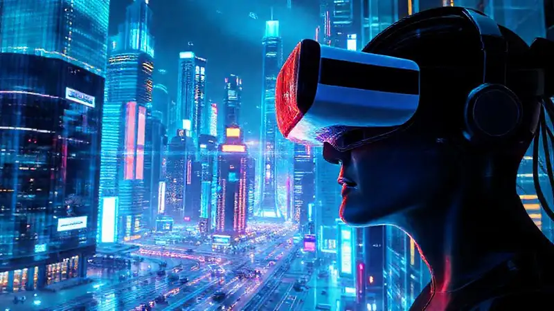 Ciudad futurista digitalmente iluminada y brillante