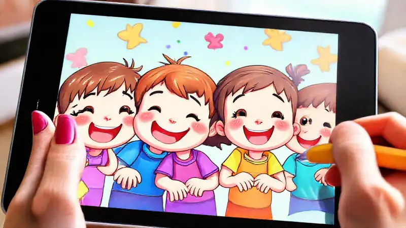 Niños dibujan felices en tablet digital