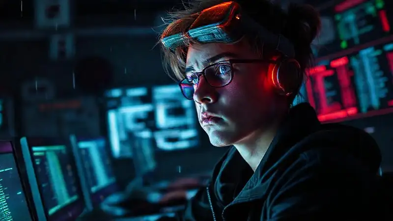 Estudiante cibernético en realidad digital sombría